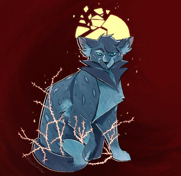 Drawing of Ashfur from warrior cats with a broken solid halo, and brambles growing around him